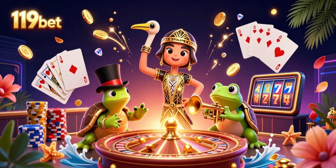 Experience exciting gaming with 119bet at a lively speakeasy, featuring vibrant characters and casino elements.