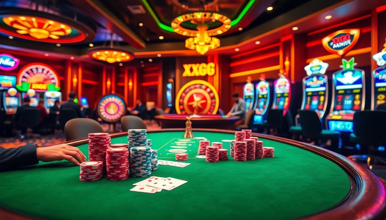 Experience excitement at the XXGG casino with vibrant tables, roulette wheels, and poker chips.
