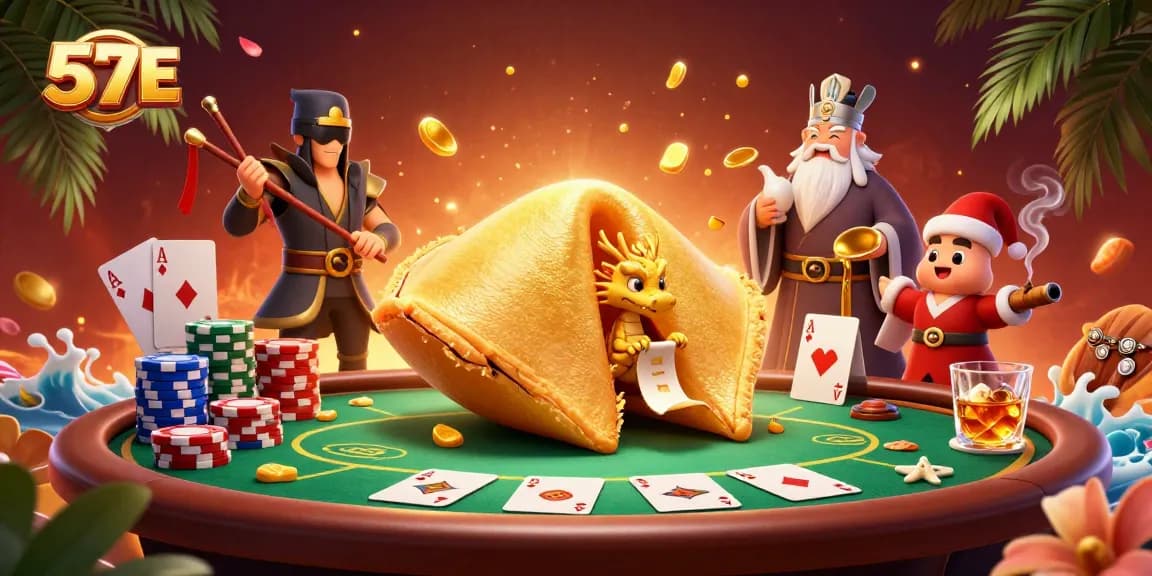 Engage in the excitement of 57 E with a giant golden fortune cookie and dynamic poker elements.