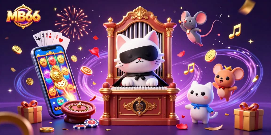 Experience the thrilling ambiance of MB66 with a magical casino illustration featuring a white cat and acrobat.