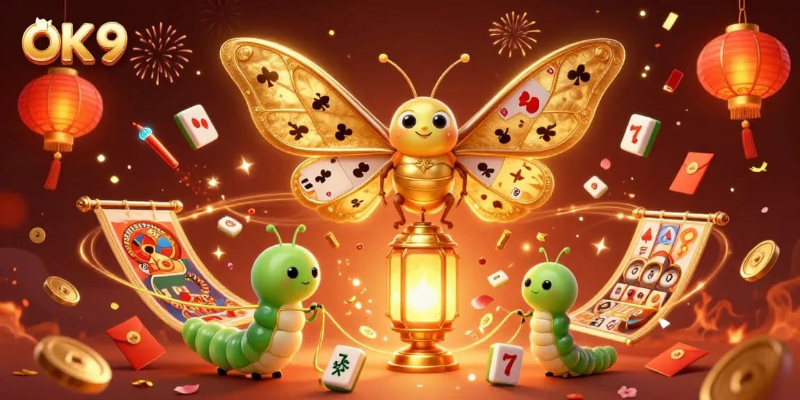 Enhance your gaming with OK 9's vibrant casino scene featuring golden moths and slot reels.