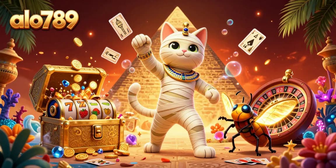 Alo789 offers thrilling casino action with a vibrant 3D cartoon illustration showcasing a mummy cat and treasures.