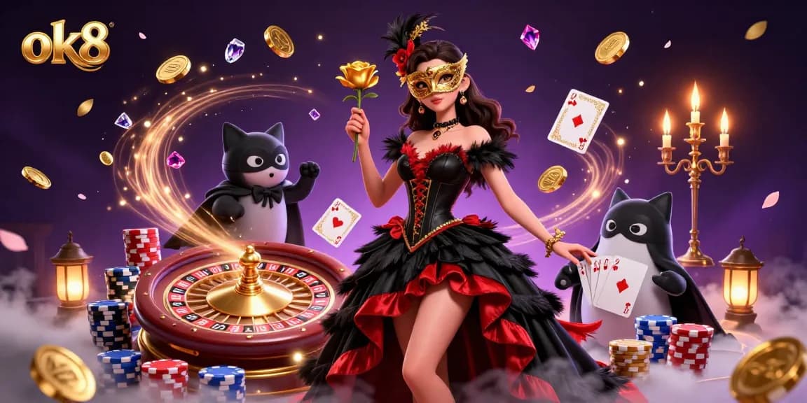 Engage with exciting games on ok8, featuring a glamorous woman and animated casino elements like gold coins and roulette.