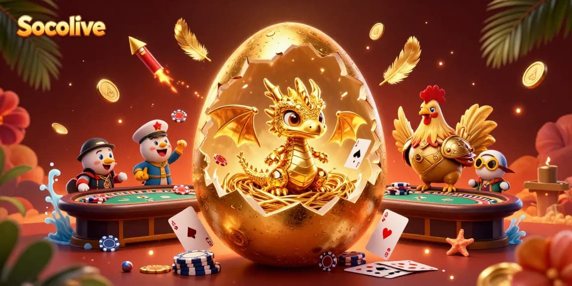 Socolive showcases a golden dragon guarding poker chips at a dynamic casino scene.