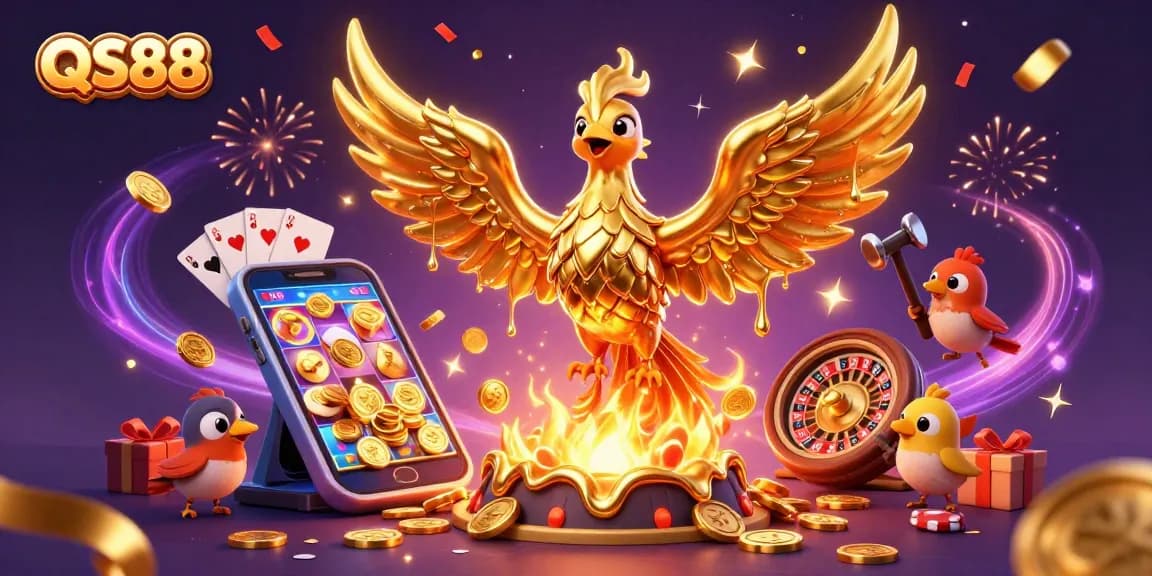 Experience the thrill of QS88 with a golden phoenix and vibrant casino elements showcasing dynamic gambling action.