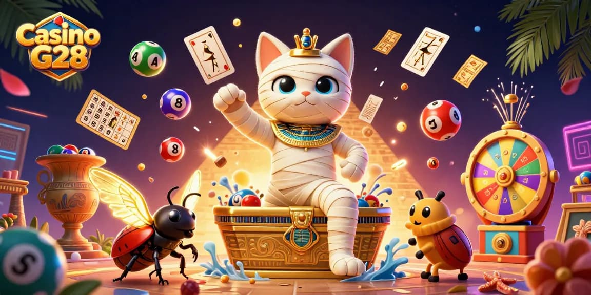 Engage in thrilling games at Casino G28 with vibrant lottery balls and a dynamic illustration.