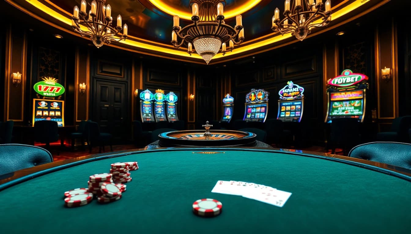 Engaging scene at F88BET casino with vibrant poker table, cards, and roulette wheel.