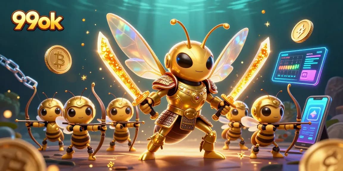 Engage with thrilling games at 99ok, featuring vibrant characters and digital elements in a captivating scene.