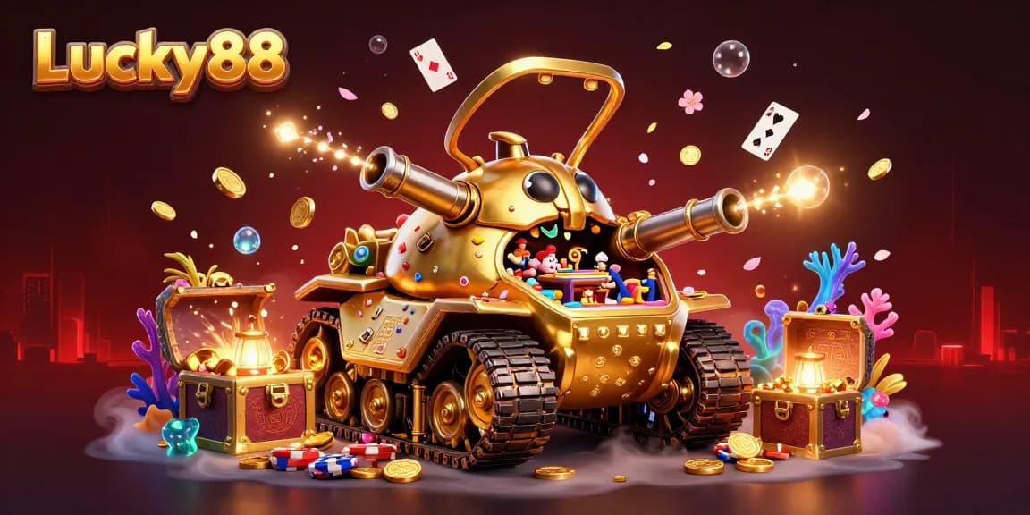 Engage in thrilling gaming adventures with Lucky88's captivating casino scene featuring a golden tank and dynamic elements.
