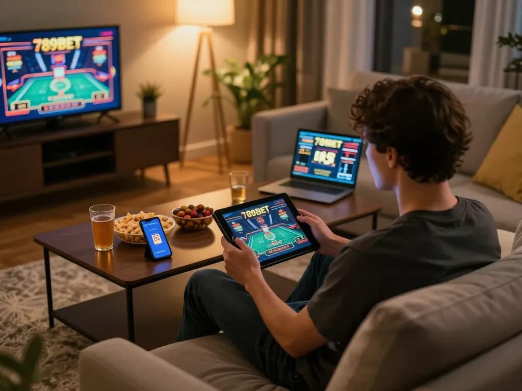 Player enjoying a live dealer game on 789BET tablet in a cozy home setting.