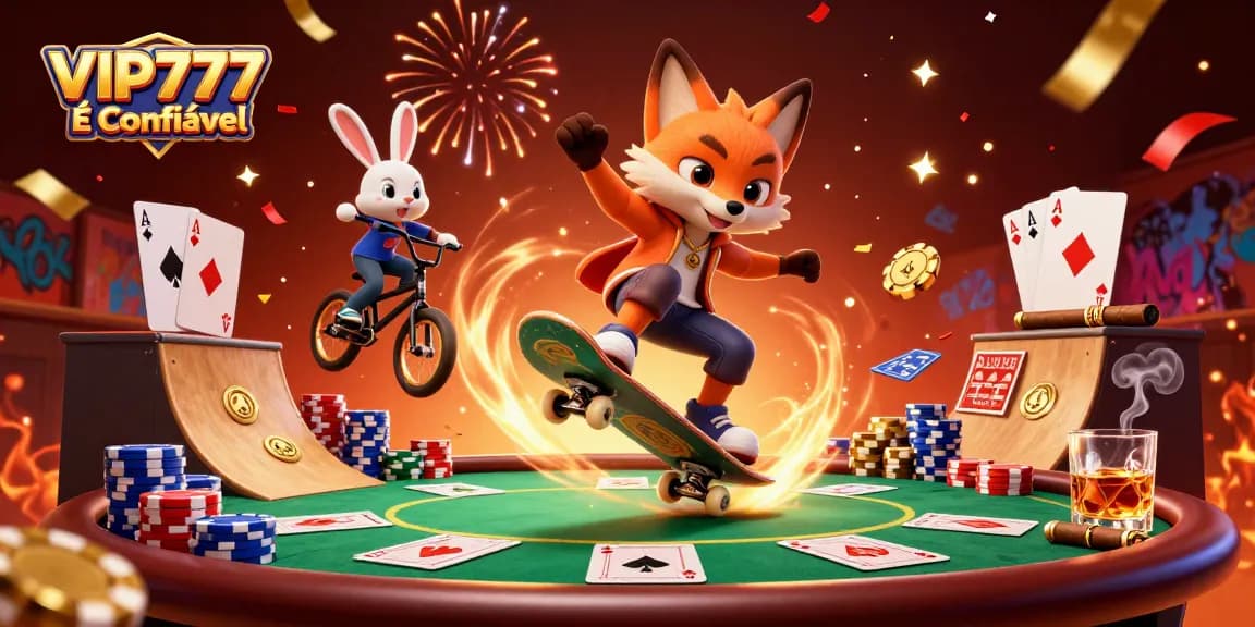Experience the excitement of VIP777 É Confiável with animated fox and rabbit in a dynamic casino scene.