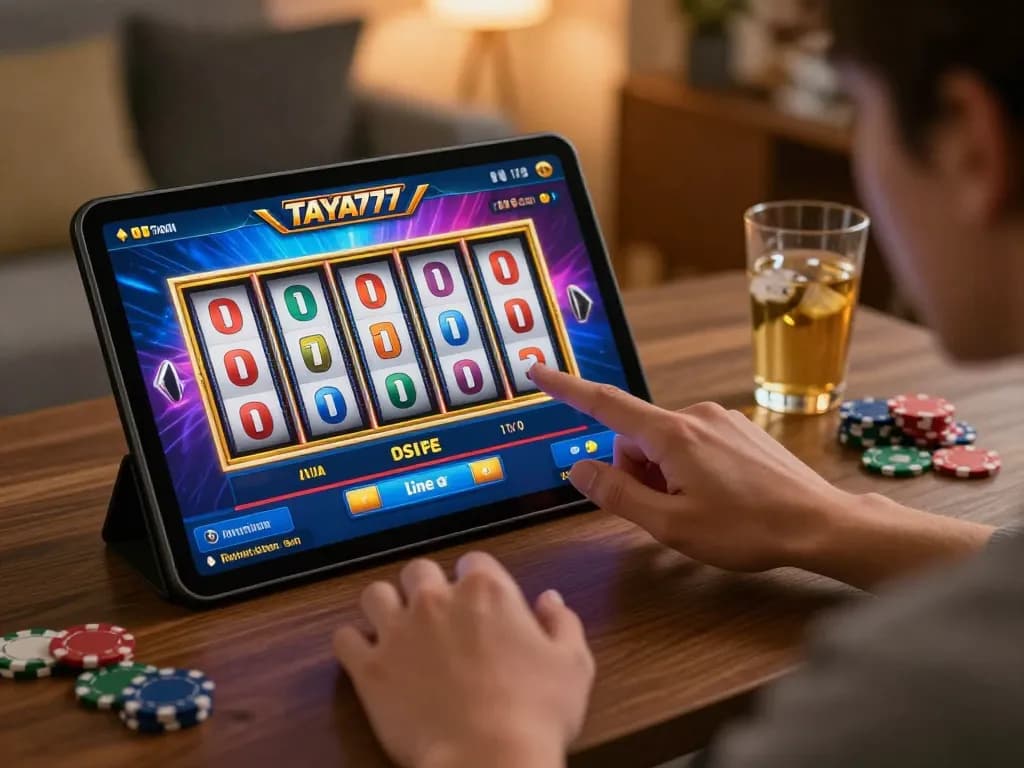 TAYA777 player enjoying dynamic slot games on the mobile app with engaging interface at home