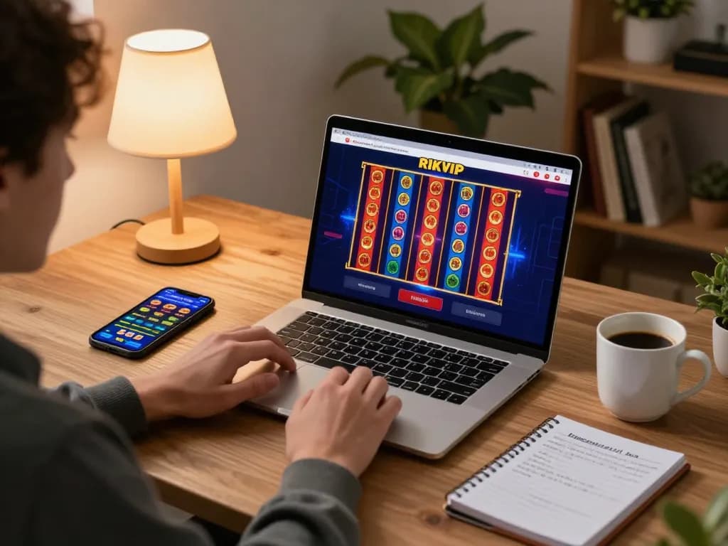 Engaged player exploring RIKVIP casino online on a laptop with vibrant slot designs and strategic notes.