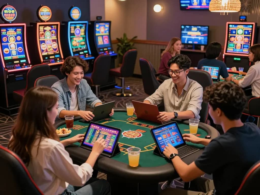 Diverse players enjoying TG 88 online casino gaming in a vibrant lounge atmosphere.