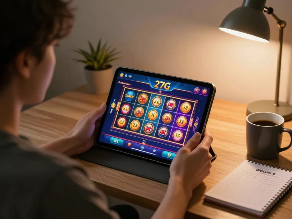Engaging online gaming moment with player using the 27G app, showcasing excitement in a cozy home setting.