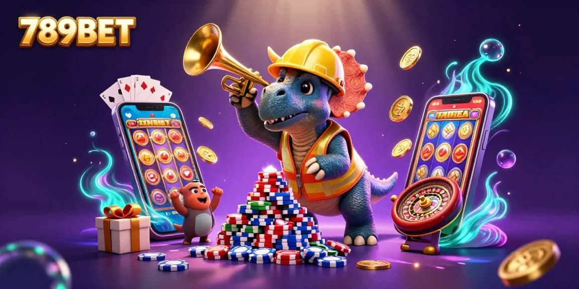 Engage with 789BET's dynamic gaming scene featuring a triceratops and casino fun elements for an exciting experience.
