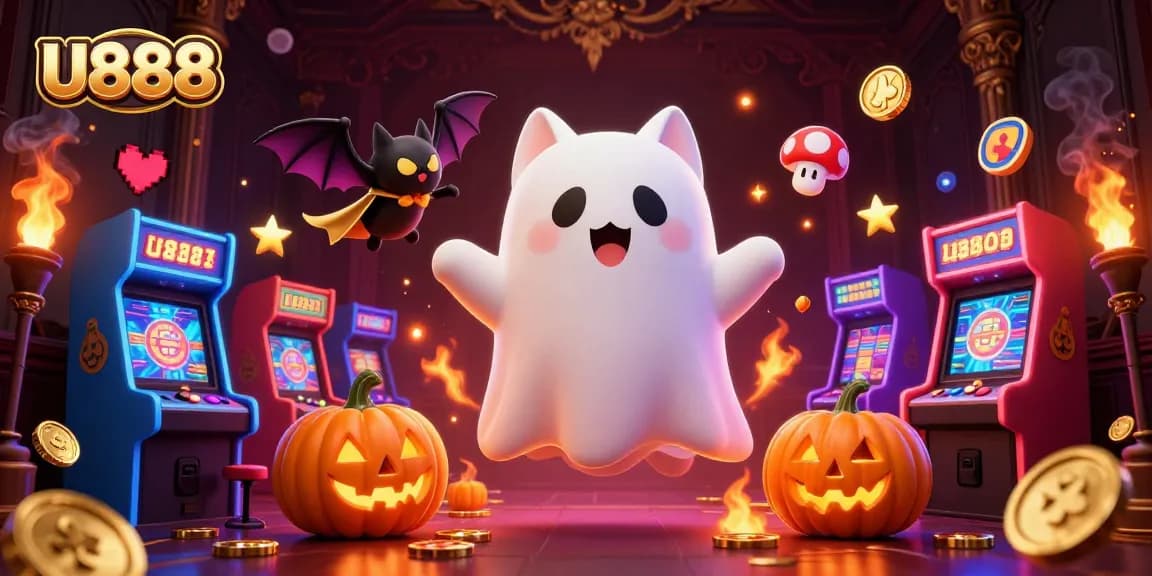 Engage in thrilling U888 betting action with a ghost cat and vampire bat in a vibrant casino.
