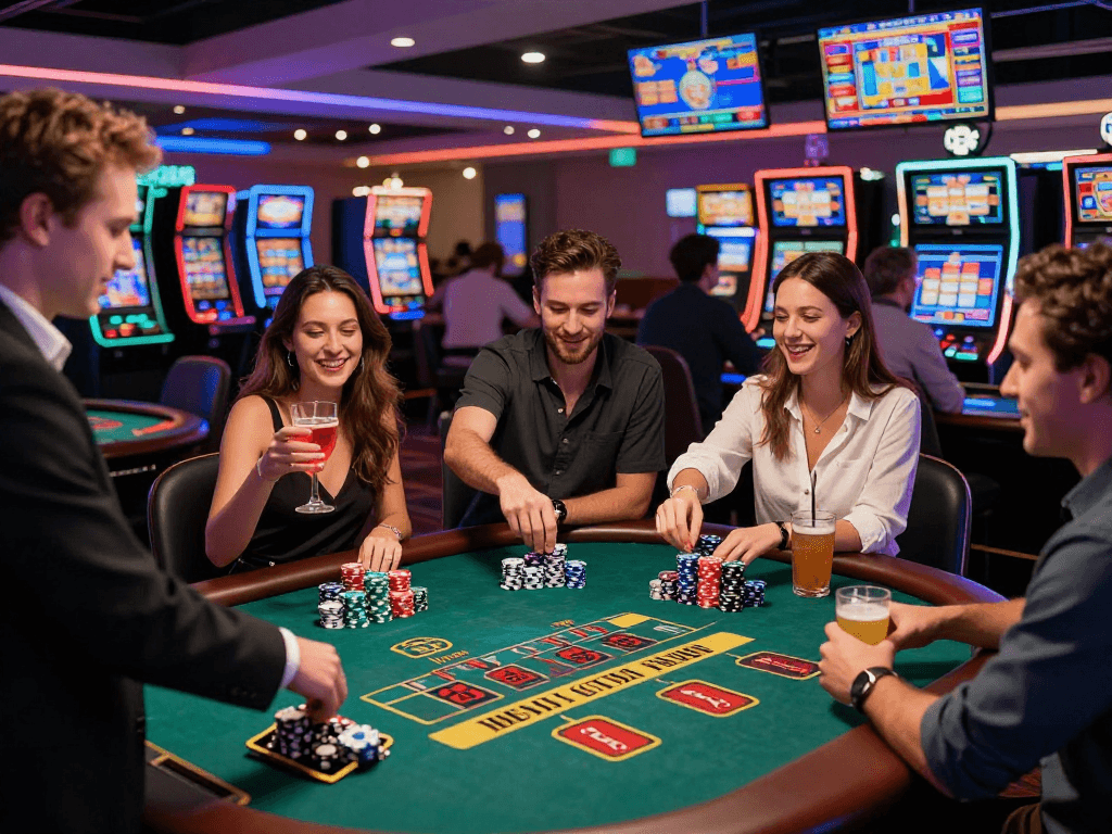 Friends celebrating a win at vin88 blackjack table in vibrant casino