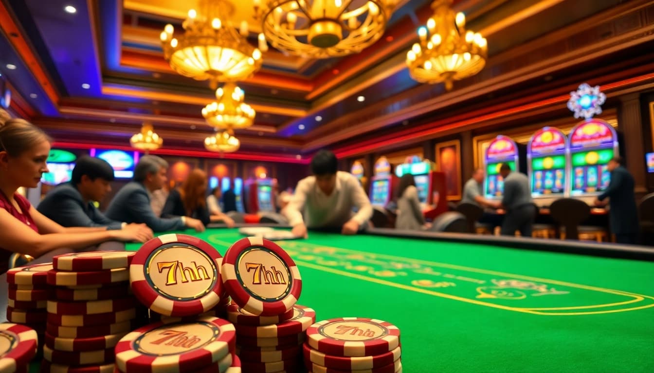 Players engaging in an exciting poker game at a vibrant 7hh casino scene.