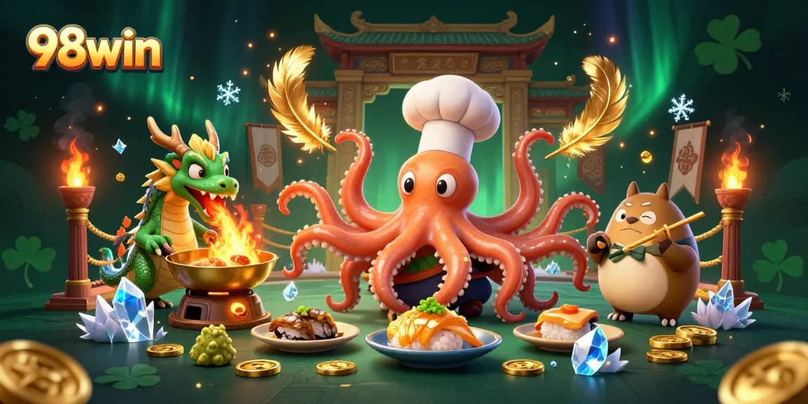 Experience the vibrant world of 98win with a dynamic casino-themed illustration showcasing an octopus chef and dragon.