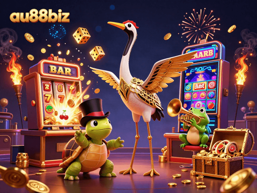 Spin the reels with au88biz at a vibrant casino scene bursting with classic game symbols.
