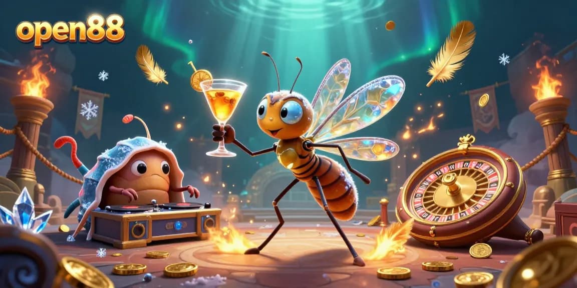 Experience open88's exciting gaming scene with a vibrant 3D cartoon illustration of unique casino mascots and elements.