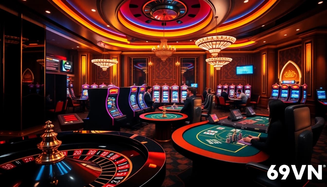 Experience the thrilling casino atmosphere at 69VN with vibrant tables and engaging gameplay.