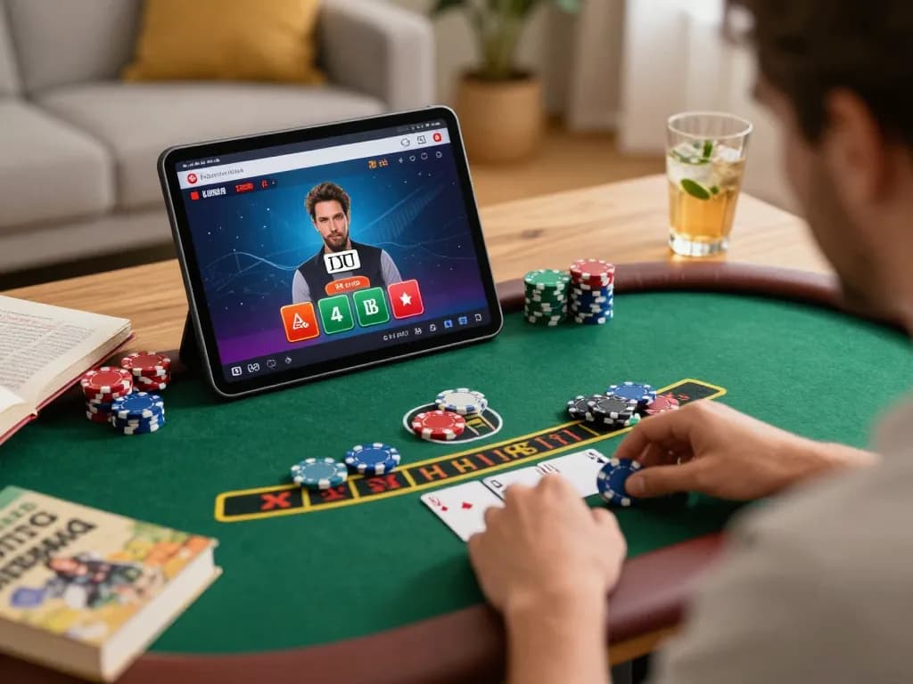 Um jogador desfrutando do jogo de blackjack AQ777 em um tablet em um ambiente aconchegante em casa