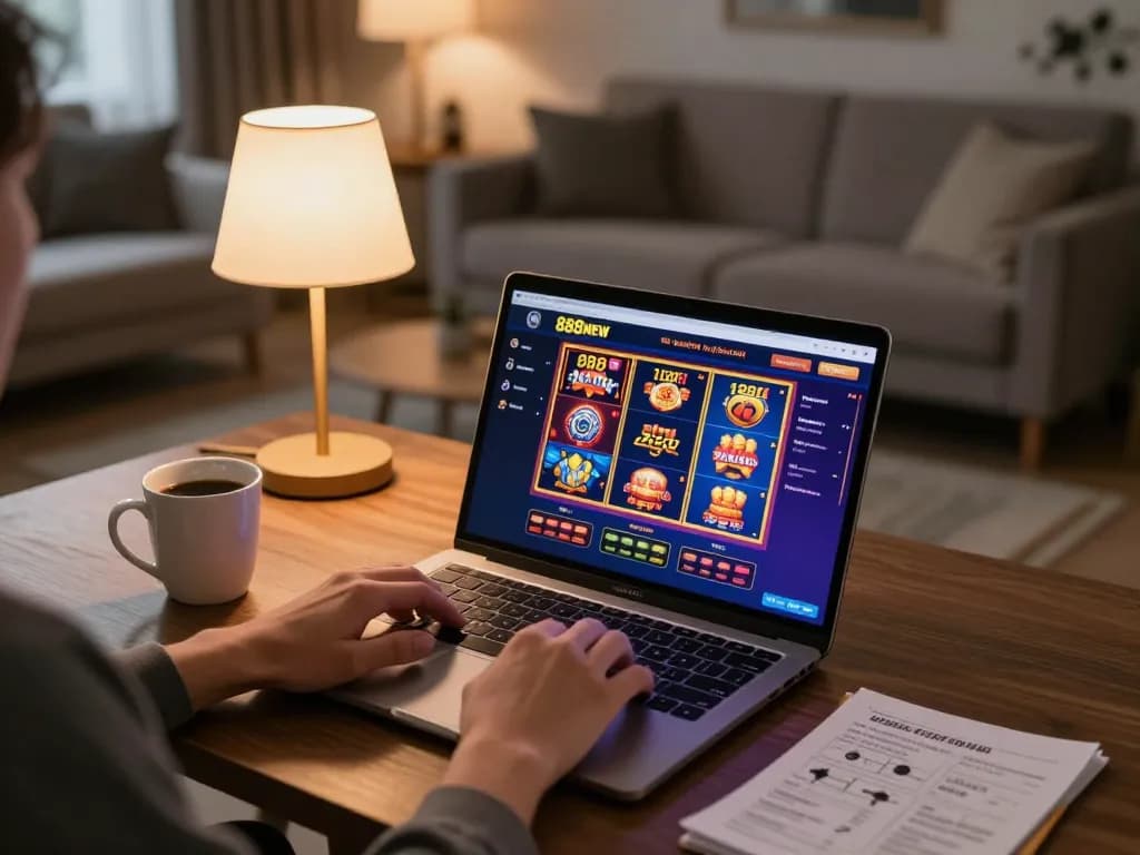 888NEW gaming setup showing a player focused on online casino slots in a cozy home environment.