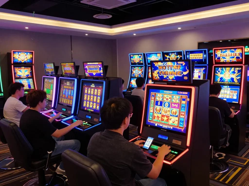 Engaged players enjoying JJNN's online slots, showcasing colorful interfaces.