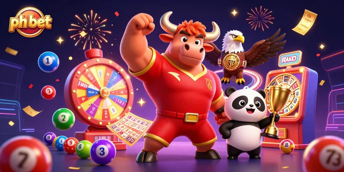 Engage in thrilling games at ph bet with dynamic lottery balls, a cheerful panda, and celebratory elements.