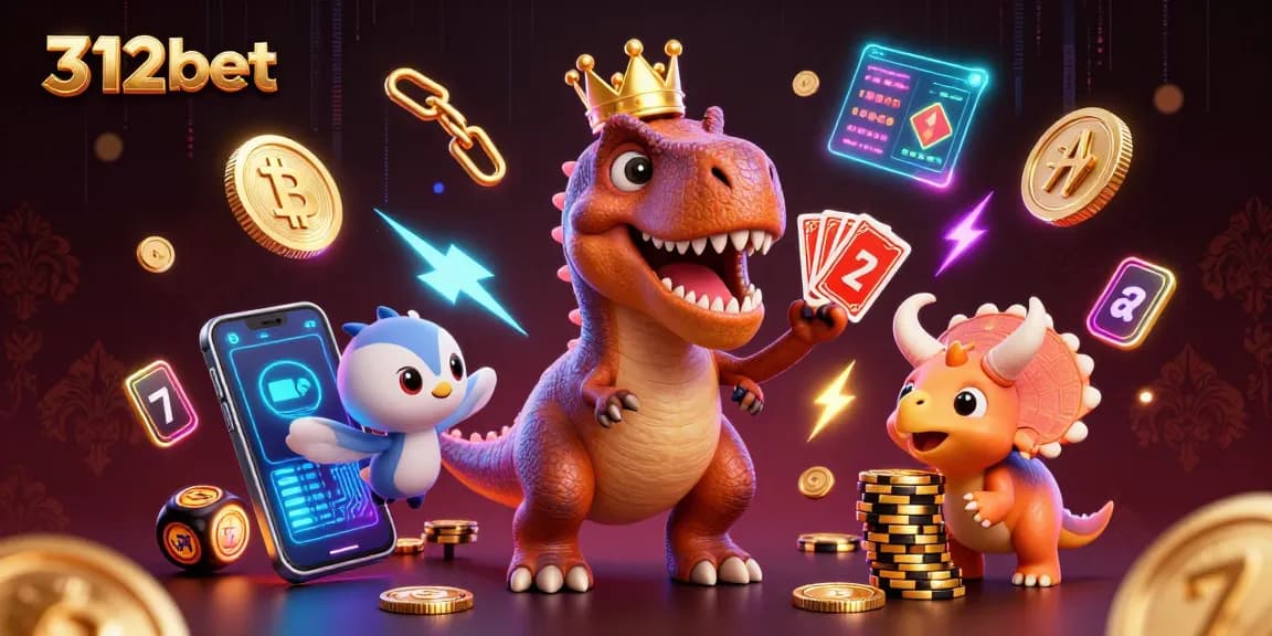 Experience fun with 312bet at the casino as a T-Rex and friends shuffle cards and stack chips.