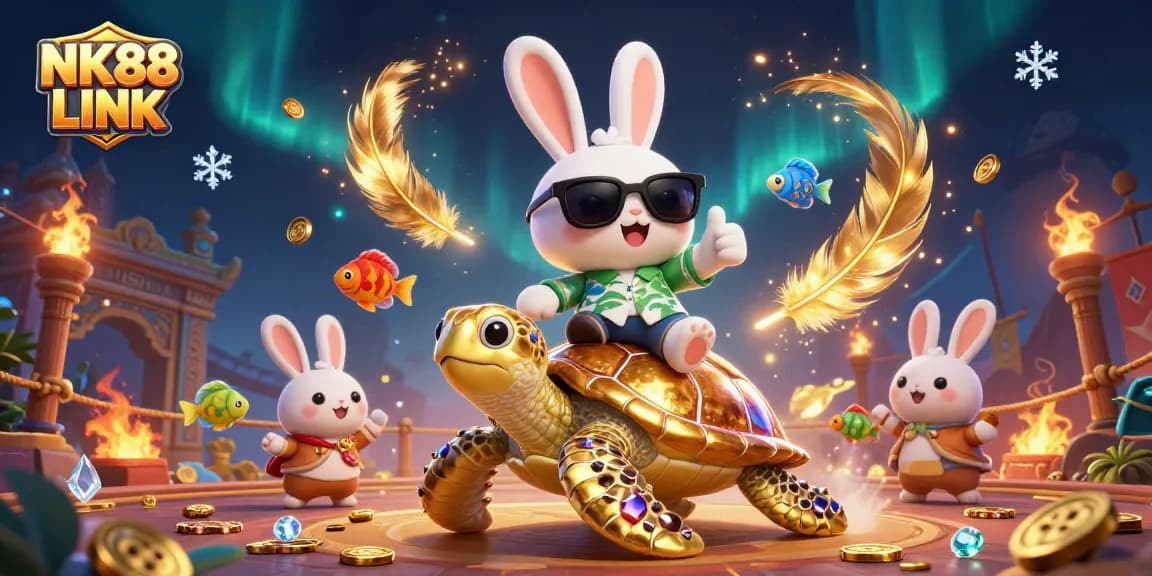 Engage in the vibrant NK88 LINK casino experience with a lucky rabbit and golden sea turtle in a colorful environment.