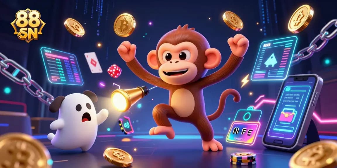 Experience exciting wins with 88 SN's haunted casino featuring a playful poltergeist monkey and curious puppy.