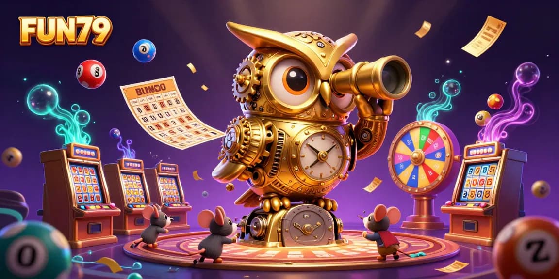 Experience fun at FUN79 with a golden owl overseeing vibrant lottery games and cash prizes in a lively casino.