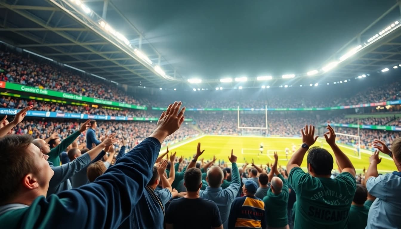 Pari sportif rugby dynamizes l'animation des fans au stade pendant un match captivant.