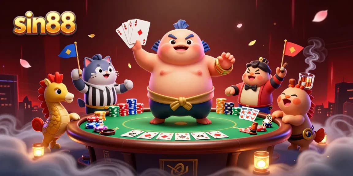 Sin88 showcases a vibrant underwater casino scene with a fugu in sumo attire and poker elements.