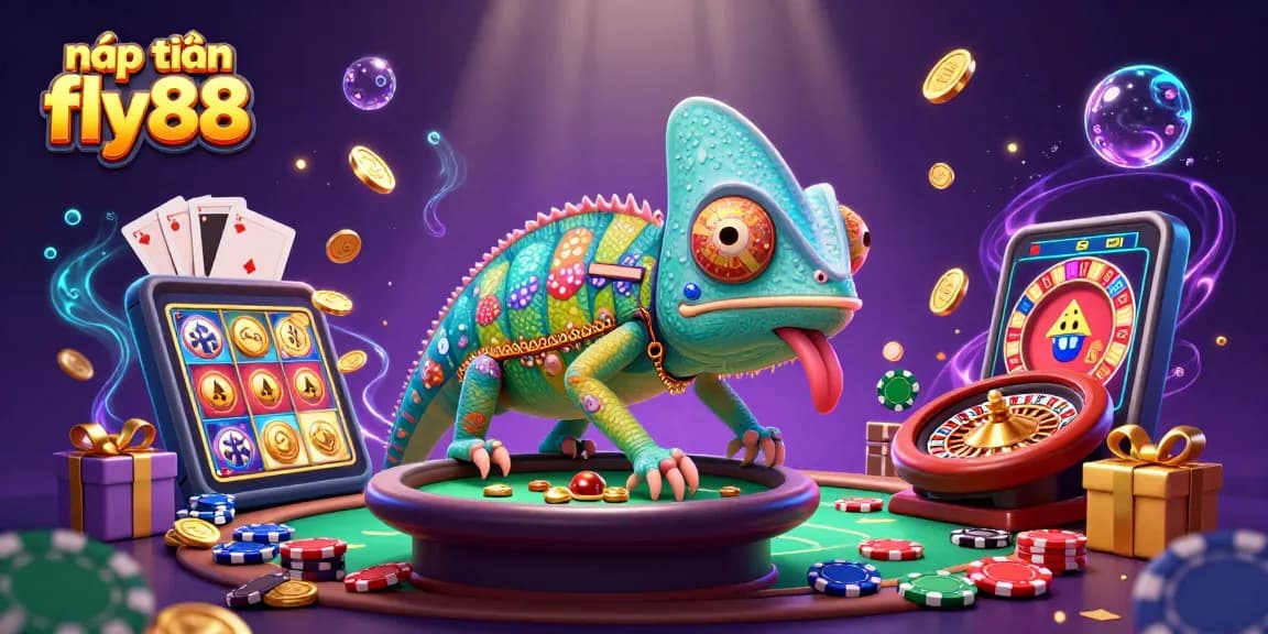 Experience nạp tiền fly88 with a colorful casino scene featuring a chameleon owner and dynamic game elements.