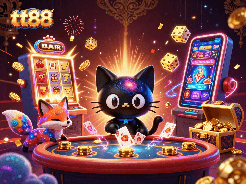 tt88's vibrant casino scene with a cartoon black hole cat and cosmic elements for immersive gaming
