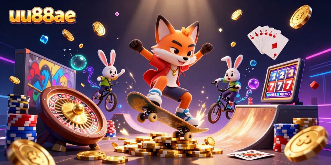 Experience thrilling jackpots with uu88ae as a fox skater flips over golden poker chips amidst casino chaos.
