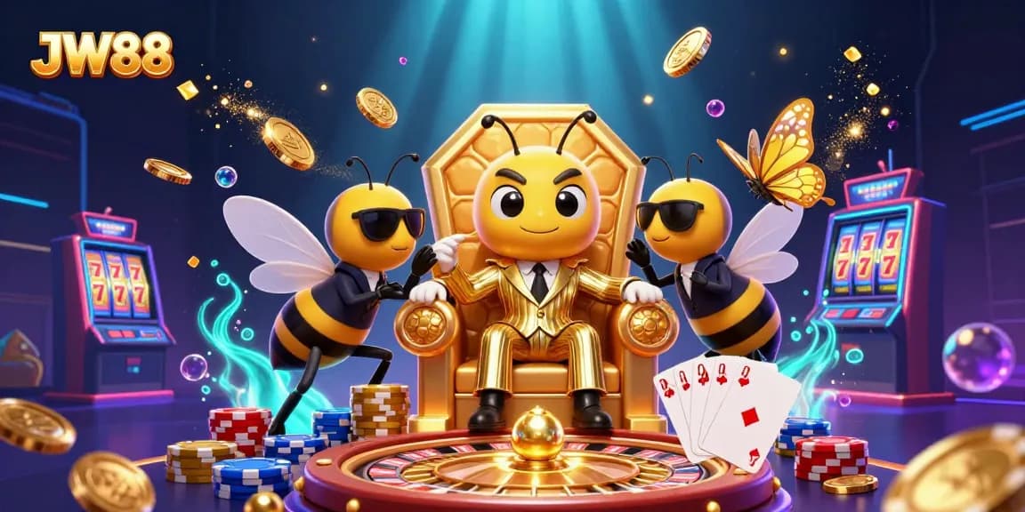 Experience the thrill of JW88 casino with vibrant slots, golden coins, and 3D characters in action.
