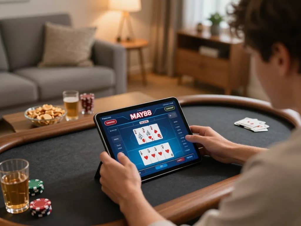 MAY88 players enjoying an online poker game in a cozy home setting.
