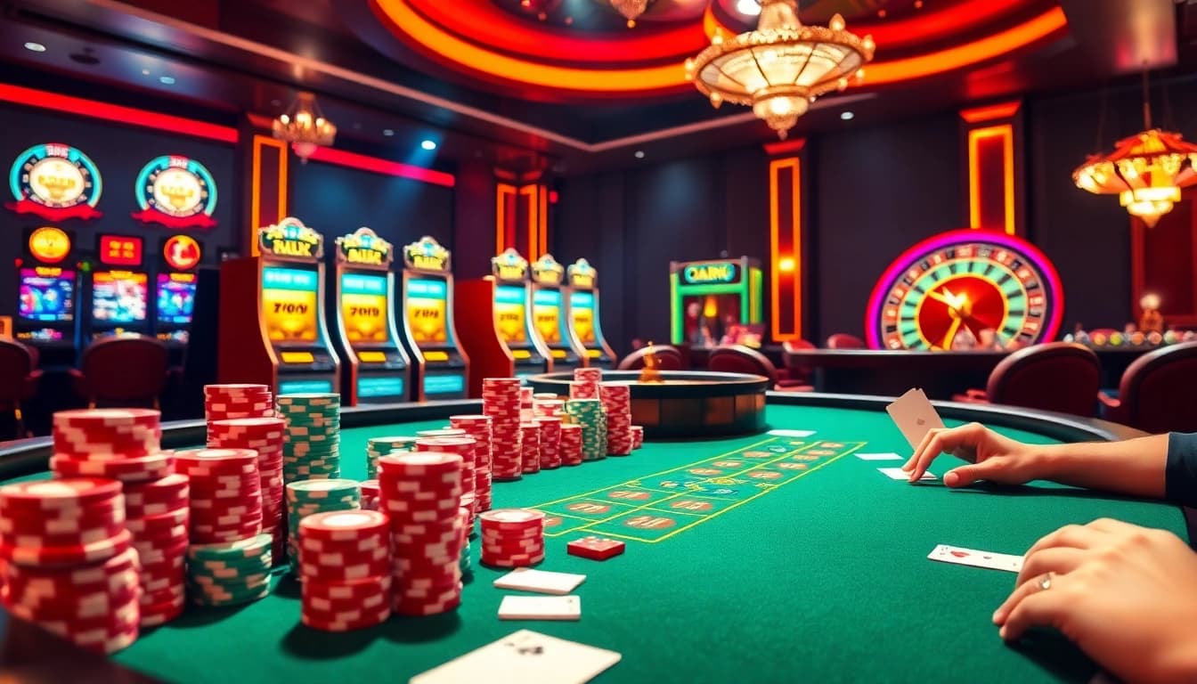 Engaged players at a poker table and vibrant slot machines at 58WIN Casino.