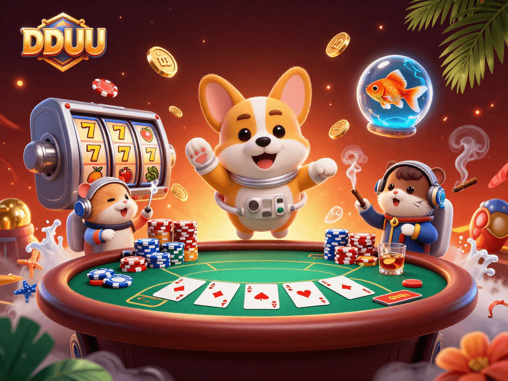 DDUU players enjoy exciting slots in a vibrant space casino with engaging characters.