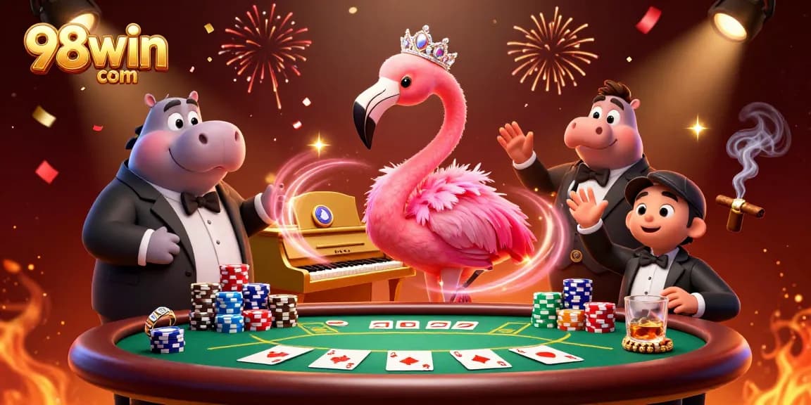 Experience thrilling action at 98win com with vibrant casino characters in a dynamic scene.