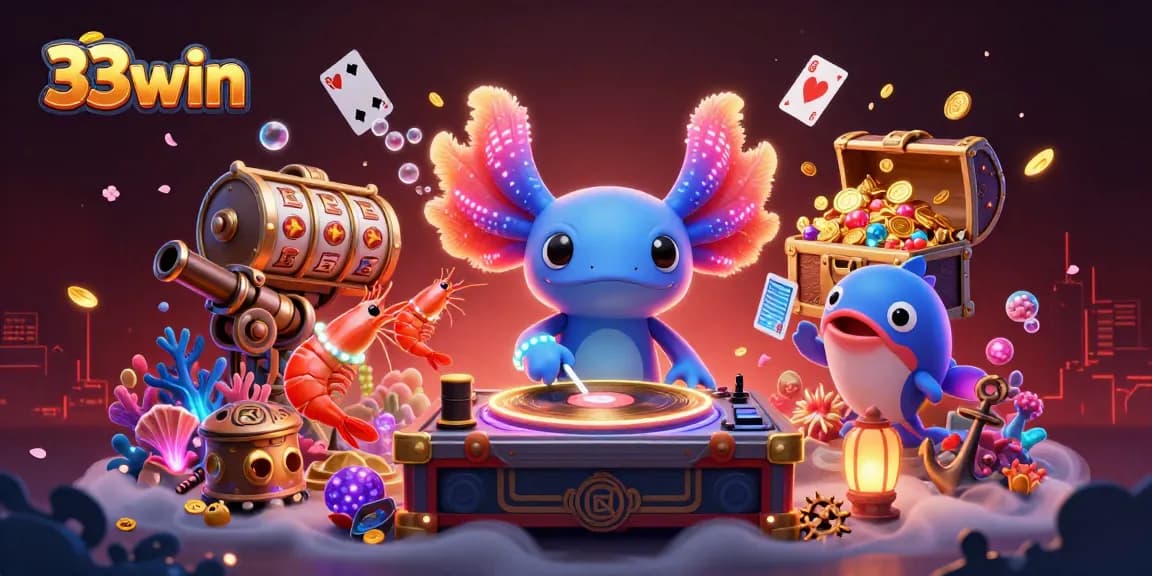 Engage with 33win's vibrant casino scene featuring a DJ axolotl and energetic marine characters.