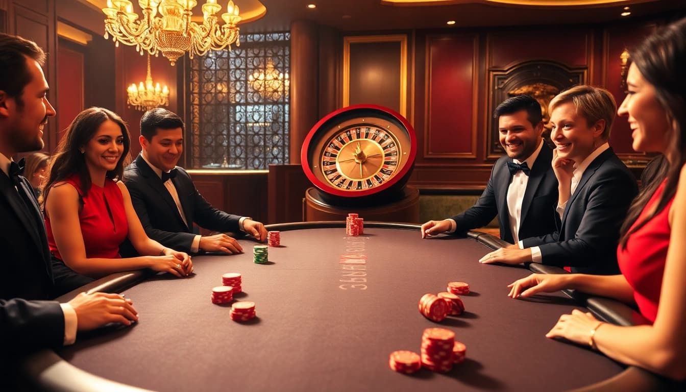 Players enjoying a vibrant game at HM88 casino table surrounded by excitement and luxury.