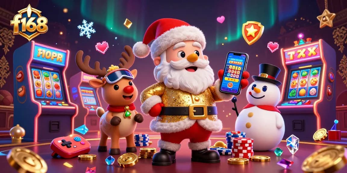 Play exciting jackpot slots at f 168 with Santa, reindeer, and a poker chip snowman.