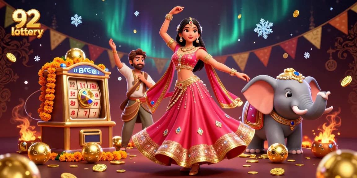 Engage in the 92 lottery with a vibrant scene of fortune, featuring sparkling casino symbols and festive elements.