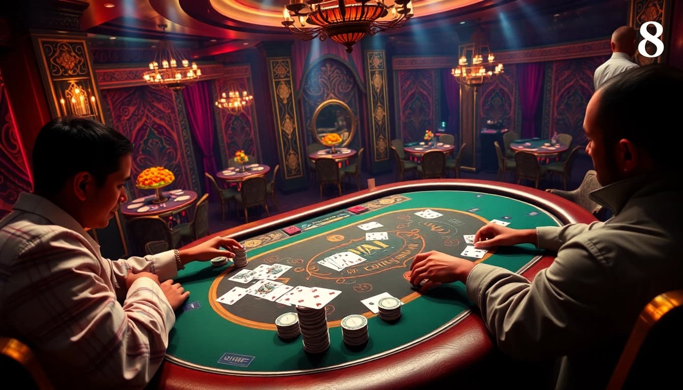 Exciting gameplay at DW8 online casino, featuring poker chips, cards, and a luxurious table.